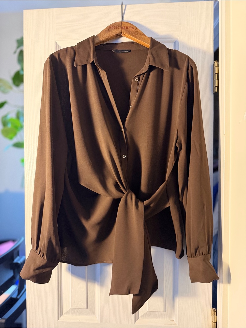 Zara Chocolate Brown Tie Front Blouse Long Sleeve Collared Shirt Size L